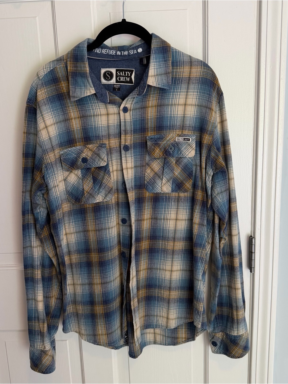 Salty Crew Flannel Shirt in blue and yellow plaid sz S
